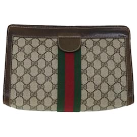 Gucci-GUCCI GG Canvas Web Sherry Line Clutch Bag PVC Leather Beige Green Auth 54835-Red,Beige,Green