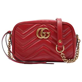 Gucci-Gucci Marmont Zip Bag Red / Gold Matelasse Leather Mini-Golden