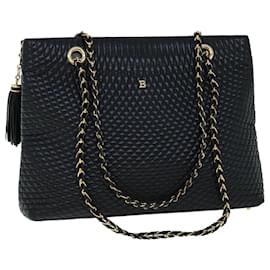Bally-BALLY Quilted Fringe Chain Shoulder Bag Leather Black Auth yk8544-Black