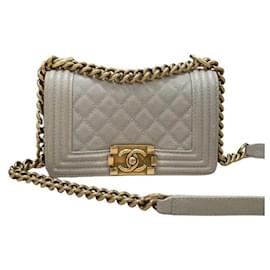 Chanel-Chanel Grey Caviar Quilted Leather Gold Tone Metal Small Boy Flap Bag-Beige