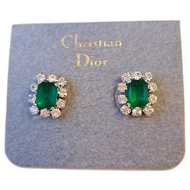 Christian Dior Rectangular Silver Metal Emerald Style Earrings Silvery Green