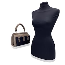 Autre Marque-Vintage Beige and Black Velvet Doctor Bag Handbag-Beige