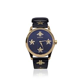 Gucci-Gold Black Leather G-Timeless 126.4 Wrist Watch Bee and Stars-Black