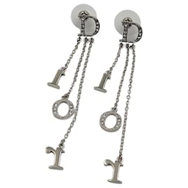 Dior-Boucles d'oreilles longues Christian Dior en acier et strass-Argenté