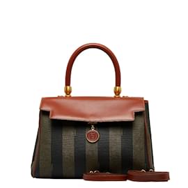 Fendi-Sac à main en cuir et toile rayée-Marron