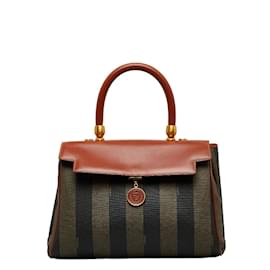 Fendi-Striped Canvas Leather Handbag-Brown