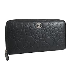 Chanel-Camellia Embossed Leather Zip Around Wallet-Black