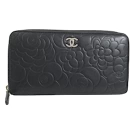 Chanel-Camellia Embossed Leather Zip Around Wallet-Black