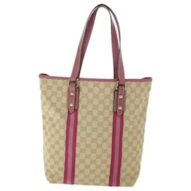 Gucci-GUCCI GG Canvas Sherry Line Tote Bag Beige Pink 162899 auth 54900-Pink,Beige