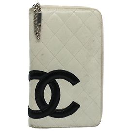 CHANEL Cambon Line Long Wallet Leather White CC Auth ep1750 White