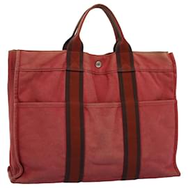 Hermès-HERMES cabas MM Tote Bag Toile Rouge Auth ti1252-Rouge
