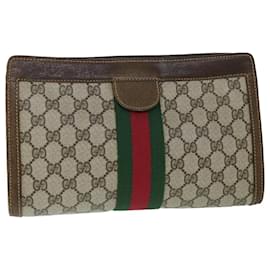 Gucci-GUCCI GG Canvas Web Sherry Line Clutch Bag PVC Leather Beige Green Auth 54839-Red,Beige,Green