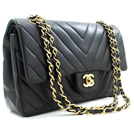 Chanel-CHANEL Classic lined Flap V-Stitch Chain Shoulder Bag Black Lamb-Black