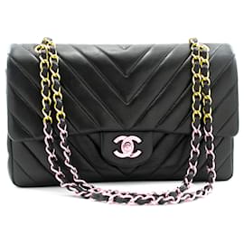 Chanel-CHANEL Classic lined Flap V-Stitch Chain Shoulder Bag Black Lamb-Black