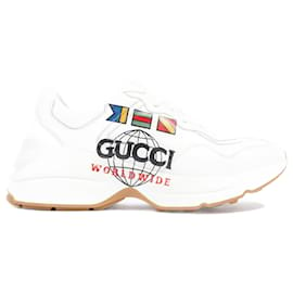 Gucci-Gucci Rhyton 'Worldwide' Logo White Leather EU 37.5 Uk 4.5-White
