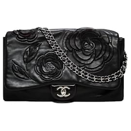 Chanel-Chanel Black Lambskin Camellia Maxi Flap Bag Leather Paris Shanghai 2010 runway-Black,Red