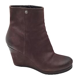 Prada-Prada Brown Burnished Leather Wedge Heel Boots-Brown