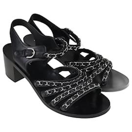 Chanel-Black Chain Link Accent Leather Sandals-Black