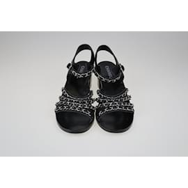 Chanel-Black Chain Link Accent Leather Sandals-Black