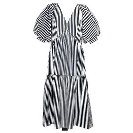 Frame Denim Bleu marine/Robe mi-longue rayée blanche à manches bouffantes Bleu