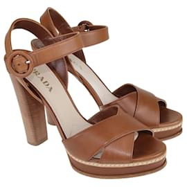 Prada-Brown Crisscross Ankle Strap Block Heel Platform Sandals-Brown