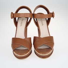Prada-Brown Crisscross Ankle Strap Block Heel Platform Sandals-Brown