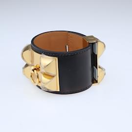 Hermès-Bracelet Plaqué Or Collier de Chien Noir-Noir