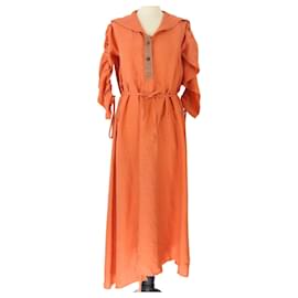 Loewe-Burnt Orange Leather Stripe Ruched Long Sleeve Dress-Orange
