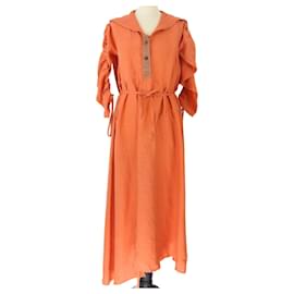 Loewe-Robe à manches longues froncée à rayures en cuir orange brûlé-Orange