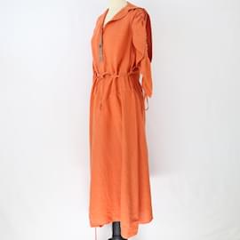 Loewe-Burnt Orange Leather Stripe Ruched Long Sleeve Dress-Orange