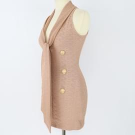 Balmain-Mini-robe beige sans manches à col en V et monogramme-Beige