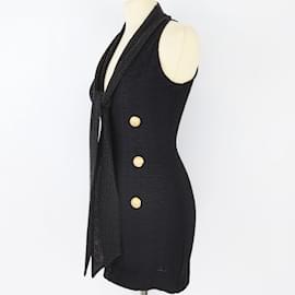 Balmain-Mini-robe noire sans manches à col en V et monogramme-Noir