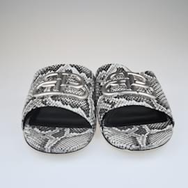 Balenciaga-Black/White BB Slides Sandals Python Embossed-Black