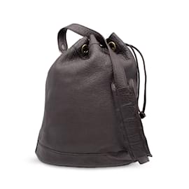 Gucci-Dark Brown Leather Drawstring Bucket Shoulder Bag-Brown
