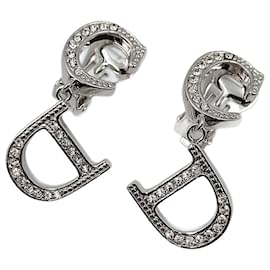 Dior-Christian Dior Logo earrings in steel and rhinestones-Silvery