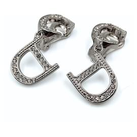Dior-Christian Dior Logo earrings in steel and rhinestones-Silvery