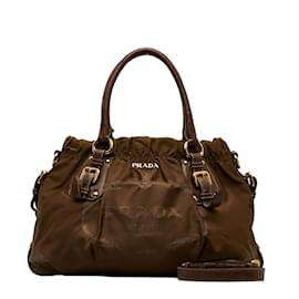 Prada-Prada Tessuto Logo Gathered Tote Canvas Tote Bag in Good condition-Brown