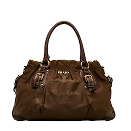 Prada-Prada Prada Logo Jacquard Handbag in Nylon and Leather Canvas Handbag in Very Good-Brown