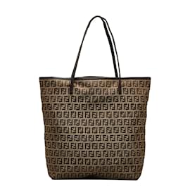 Fendi-Fendi Zucchino Canvas Leather Tote Bag in Good Condition-Brown
