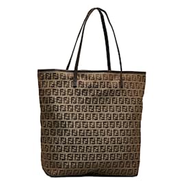 Fendi-Fendi Zucchino Canvas Leather Tote Bag in Good Condition-Brown