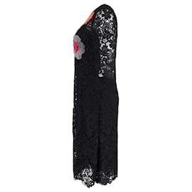 Dolce & Gabbana-Dolce & Gabbana Flower & Faux Fur Appliqué Dress in Black Viscose-Black