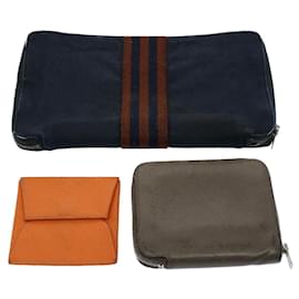 Hermès-HERMES Wallet Leather Canvas 3Set Navy Orange gray Auth bs8397-Orange,Grey,Navy blue