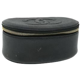 Chanel-CHANEL Vanity Trousse Cosmétique Caviar Skin Noir CC Auth 54885-Noir