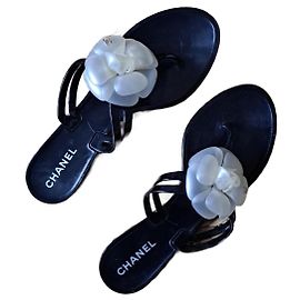 Chanel Black Camelia Flower Rubber Flip Flops Black