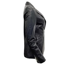 Kiton-Kiton Black Leather Whipstitch Blazer-Black