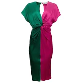 Prabal Gurung-Prabal Gurung Emerald / Magenta Silk Bias Cut Twist Front Dress-Green
