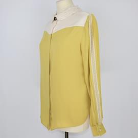 Valentino-amarillo/Camisa crema con detalle de encaje y plisada-Amarillo