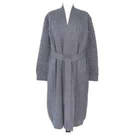 Loro Piana-Cardigan gris à manteau long et ceinture-Gris