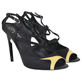 Chanel-Black/Yellow Open Toe Ankle Strap Sandals-Black