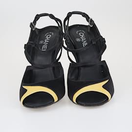 Chanel-Black/Yellow Open Toe Ankle Strap Sandals-Black
